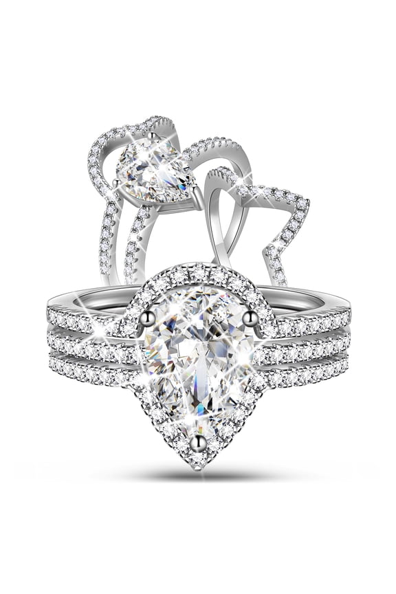 2 Carat Moissanite Engagement Ring Set | 18K White Gold over Silver Wedding Bridal Rings for Women | Womens Pear Engagement Ring | Size 8