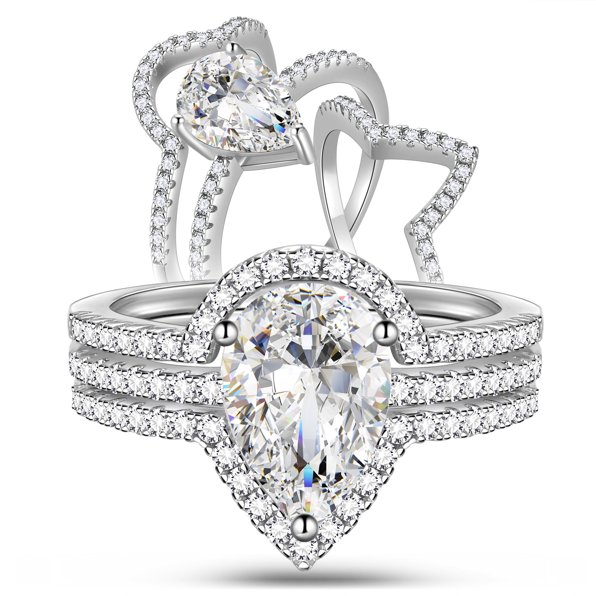 LOVERSRING Matching Couple Ring Set - His & Hers Heart CZ Wedding Bands In White Gold Plated & Titanium
