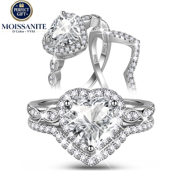 Beautlace 2Ct Heart Wedding Ring Set,Sterling Silver Moissanite Engagement Bridal Rings Set Jewelry Gifts for Women Size 7
