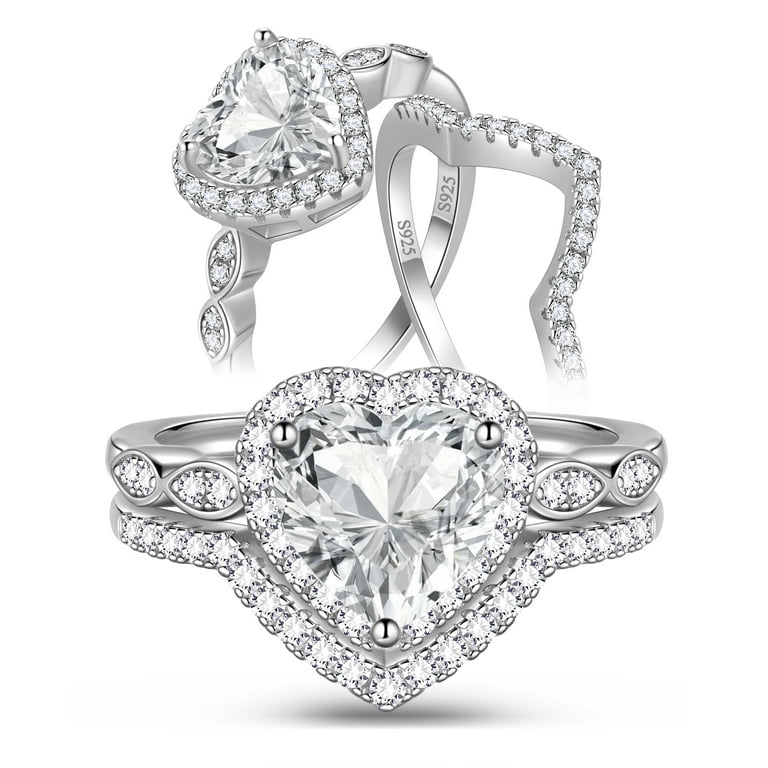 Beautlace 2Ct Heart Moissanite Wedding Ring Set, Sterling Silver