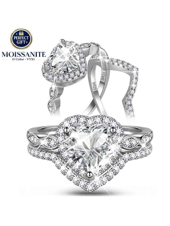 2Ct Heart Wedding Ring Set,Sterling Silver Moissanite Engagement Bridal Rings Set for Women Size 8