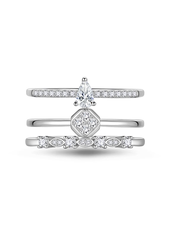 3 PCS 925 Sterling Silver Engagement Rings Set,Wedding Stackable CZ Pear Band Rings for Women