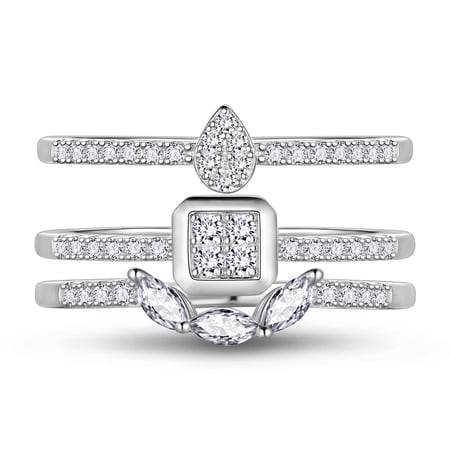 Beautlace 3 PCS 925 Sterling Silver Stackable Rings Set,CZ Wedding Pear Band Rings for Women Size7