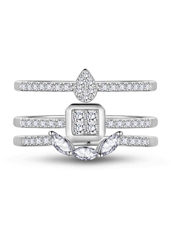 3 PCS 925 Sterling Silver Stackable Rings Set,CZ Wedding Pear Band Rings for Women Size7