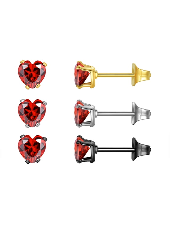 3 Pair Heart Studs Earrings Set,Stainless Steel Hypoallergenic 5mm Heart Birthstone Studs,Cubic Zirconia Stud Earrings for Women Men