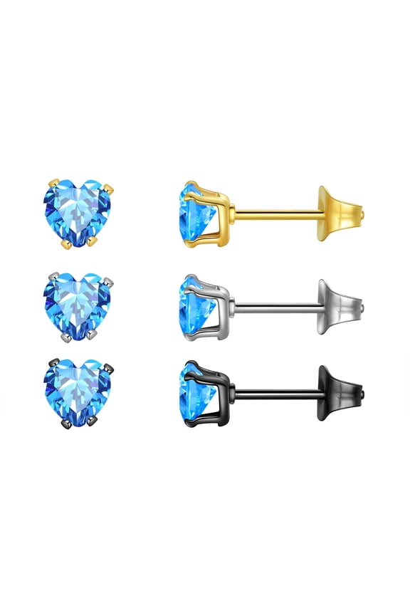 3 Pair Heart Studs Earrings Set,Stainless Steel Hypoallergenic 5mm Heart Birthstone Studs,Cubic Zirconia Stud Earrings for Women & Men
