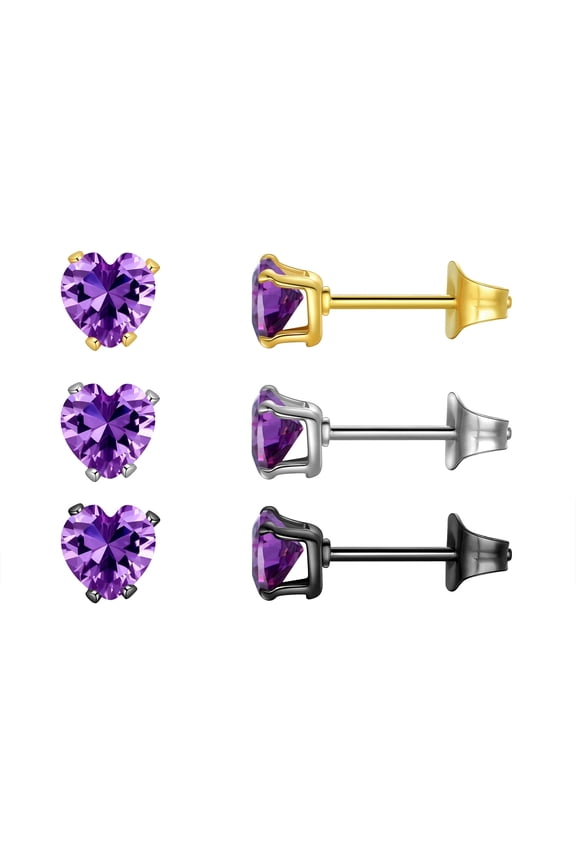 3 Pair Heart Studs Earrings Set,Stainless Steel Hypoallergenic 5mm Heart Birthstone Studs,Cubic Zirconia Stud Earrings for Women & Men