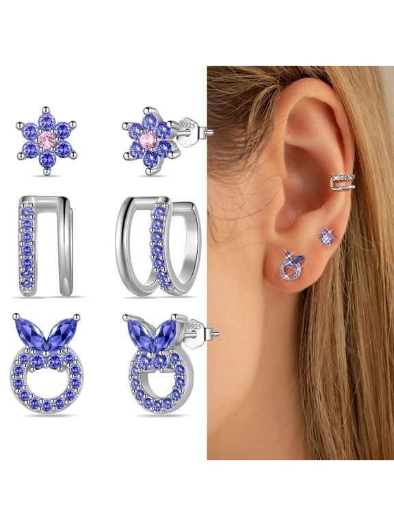3 Pairs 925 Sterling Silver Butterfly Birthstone Earrings Set for Women, Flower Studs and Ear Cuffs Jewelry Set Birthday Christmas Anniversary Gift for her