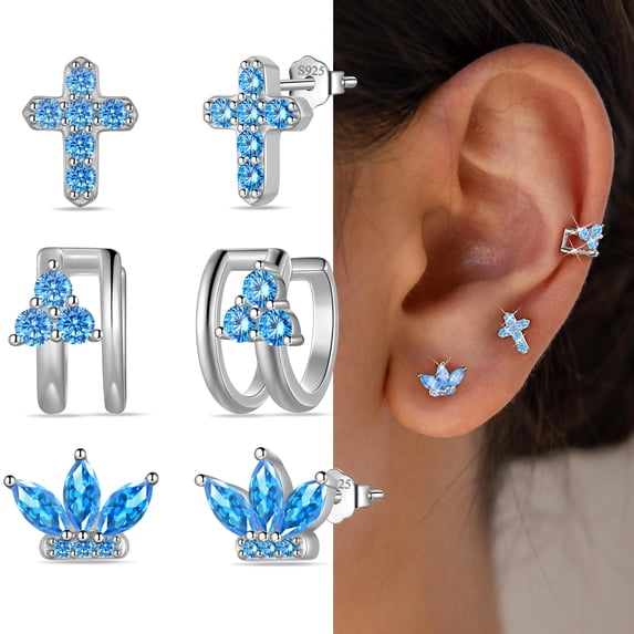 Beautlace 3 Pairs 925 Sterling Silver Cross Birthstone Earrings Set for Women, Flower Studs and Ear Cuffs Jewelry Set Birthday Christmas Anniversary Gift for Her