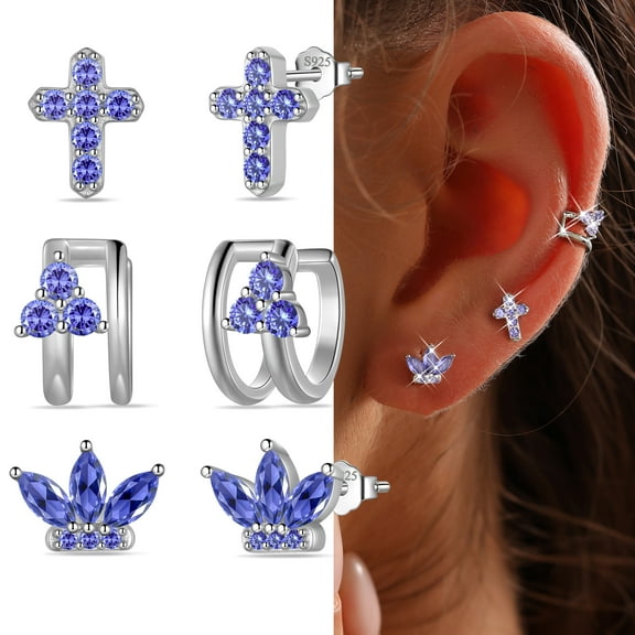 Beautlace 3 Pairs 925 Sterling Silver Cross Birthstone Earrings Set for Women, Flower Studs and Ear Cuffs Jewelry Set Birthday Christmas Anniversary Gift for Her