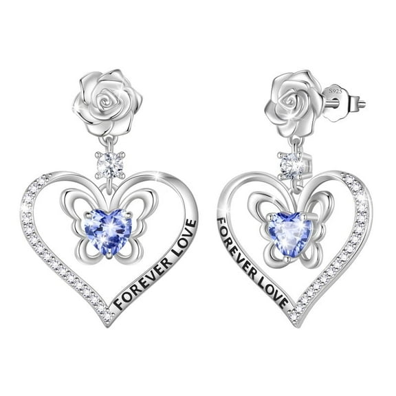 Beautlace 925 Stering Silver Forever Love Butterfly Heart Stud Earrings,December Tanzanite Birthstone Rose Flower Dangle Drop Earrings Jewelry Birthday Christmas Gifts for Women