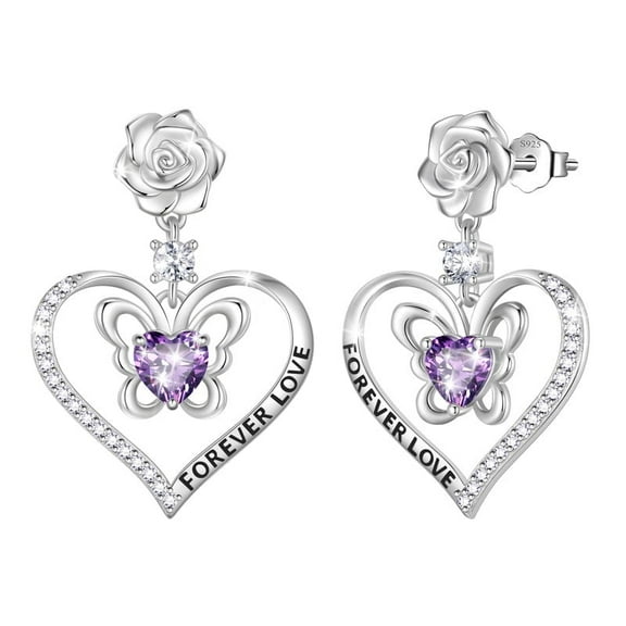 Beautlace 925 Stering Silver Forever Love Butterfly Heart Stud Earrings,February Amethyst Birthstone Rose Flower Dangle Drop Earrings Jewelry Birthday Christmas Gifts for Women
