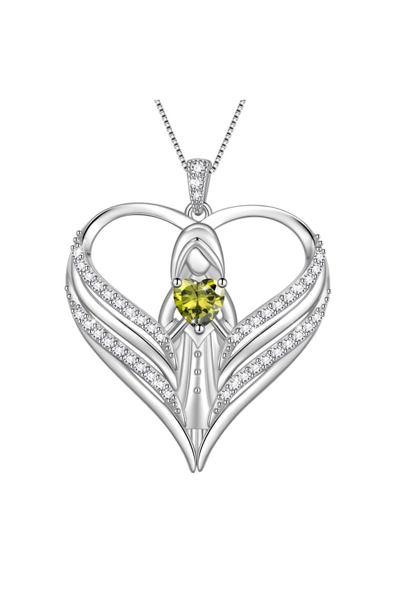 925 Sterling Silver Angle Heart Necklace with August Birthstone,Guardian of Love Heart Pendant Necklace Jewelry Birthday Christmas Valentines Gifts for Women Mom