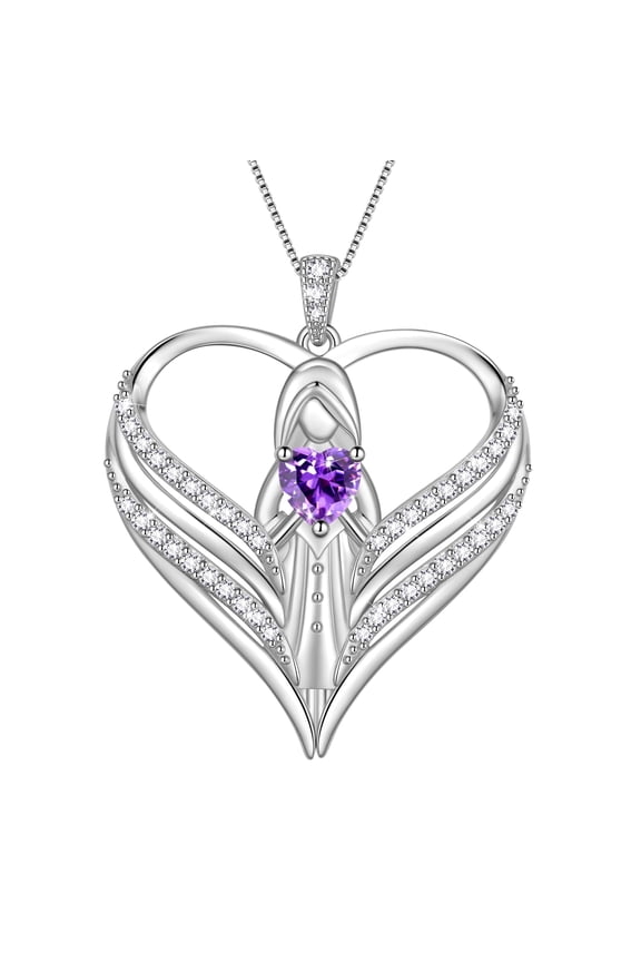 925 Sterling Silver Angle Heart Necklace with February Birthstone,Guardian of Love Heart Pendant Necklace Jewelry Birthday Christmas Valentines Gifts for Women Mom