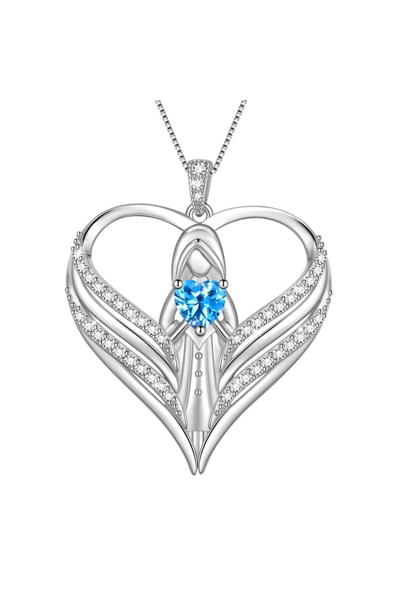 925 Sterling Silver Angle Heart Necklace with March Birthstone,Guardian of Love Heart Pendant Necklace Jewelry Birthday Christmas Valentines Gifts for Women Mom
