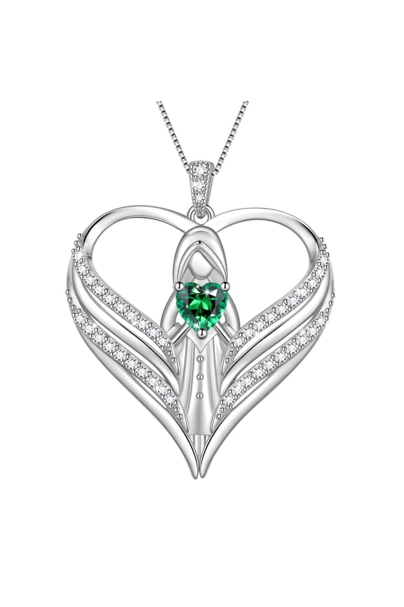 925 Sterling Silver Angle Heart Necklace with May Birthstone,Guardian of Love Heart Pendant Necklace Jewelry Birthday Christmas Valentines Gifts for Women Mom