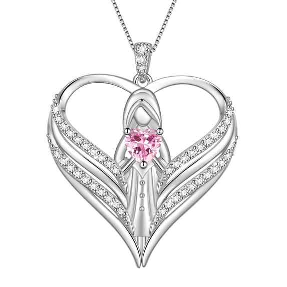 Beautlace 925 Sterling Silver Angle Heart Necklace with October Birthstone,Guardian of Love Heart Pendant Necklace Jewelry Birthday Christmas Valentines Gifts for Women Mom