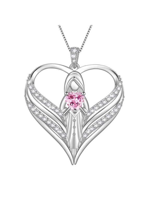 925 Sterling Silver Angle Heart Necklace with October Birthstone,Guardian of Love Heart Pendant Necklace Jewelry Birthday Christmas Valentines Gifts for Women Mom