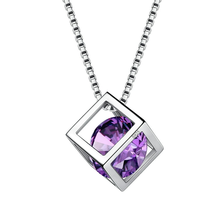 Beautlace 925 Sterling Silver Birthstone Necklace,3D Cube Pendant