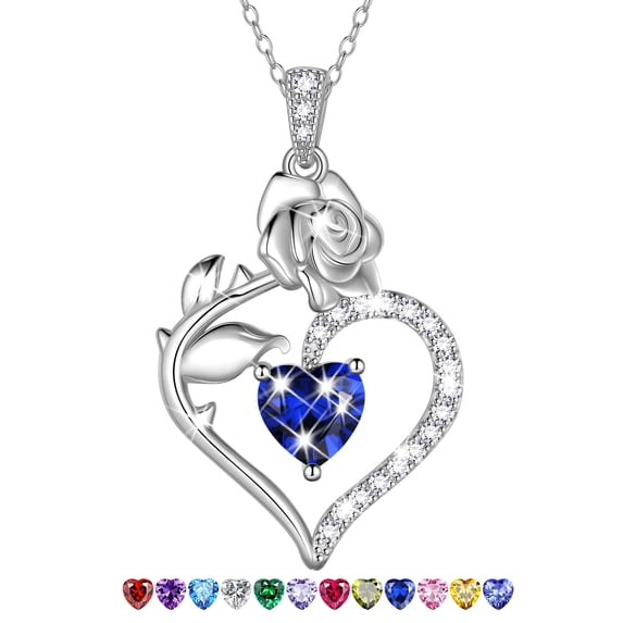 Beautlace 925 Sterling Silver Birthstone Necklace Rose Flower Heart Pendant Jewelry Christmas Valentines Mother's Day Gifts for Women Mom Wife/Lover