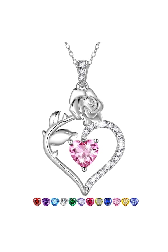 925 Sterling Silver Birthstone Necklace Rose Flower Heart Pendant Jewelry Christmas Valentines Mother's Day Gifts for Women Mom Wife/Lover