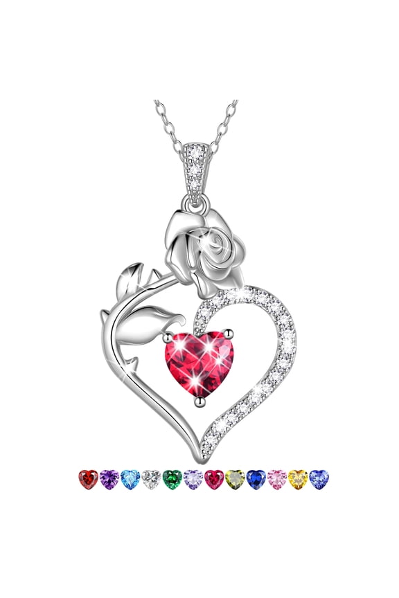 925 Sterling Silver Birthstone Necklace Rose Flower Heart Pendant Jewelry Christmas Valentines Mother's Day Gifts for Women Mom Wife/Lover