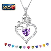 925 Sterling Silver Birthstone Necklace Rose Flower Heart Pendant Jewelry Christmas Valentines Mother's Day Gifts for Women Mom Wife/Lover