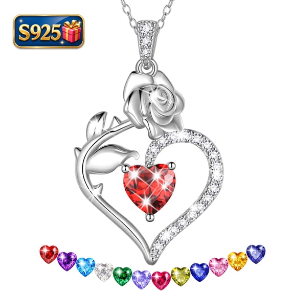 Beautlace 925 Sterling Silver Birthstone Necklace Rose Flower Heart Pendant Jewelry Christmas Valentines Mother's Day Gifts for Women Mom Wife/Lover