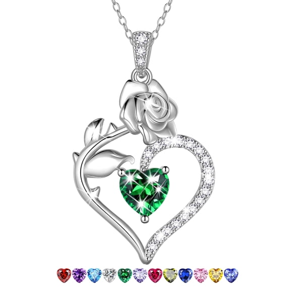 Beautlace 925 Sterling Silver Birthstone Necklace Rose Flower Heart Pendant Jewelry Christmas Valentines Mother's Day Gifts for Women Mom Wife/Lover