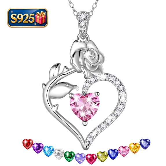 Beautlace 925 Sterling Silver October Pink Birthstone Necklace Rose Flower Heart Pendant Jewelry Christmas Valentines Mother's Day Gifts for Women Mom Wife/Lover