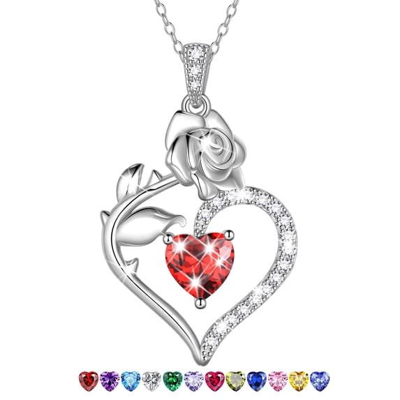 Beautlace 925 Sterling Silver Birthstone Necklace Rose Flower Heart Pendant Jewelry Christmas Valentines Mother's Day Gifts for Women Mom Wife/Lover