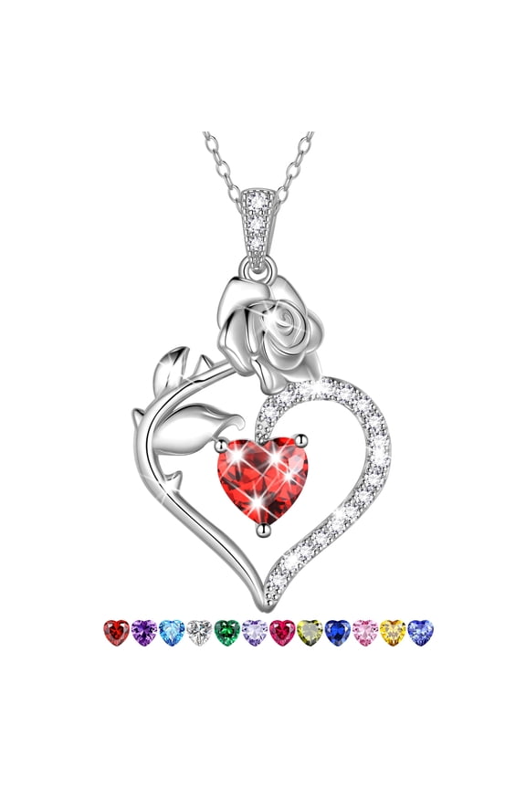 925 Sterling Silver Birthstone Necklace Rose Flower Heart Pendant Jewelry Christmas Valentines Mother's Day Gifts for Women Mom Wife/Lover
