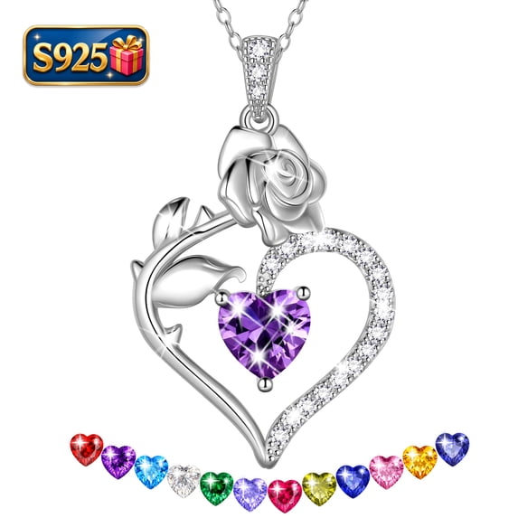 Beautlace 925 Sterling Silver Birthstone Necklace Rose Flower Heart Pendant Jewelry Christmas Valentines Mother's Day Gifts for Women Mom Wife/Lover