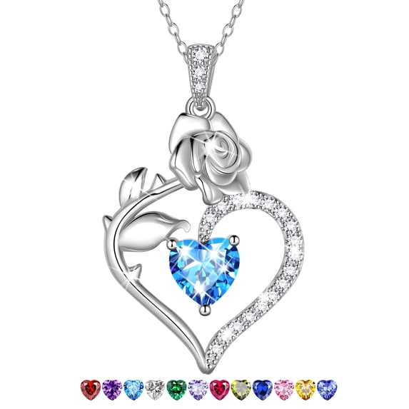 Beautlace 925 Sterling Silver Birthstone Necklace Rose Flower Heart Pendant Jewelry Christmas Valentines Mother's Day Gifts for Women Mom Wife/Lover