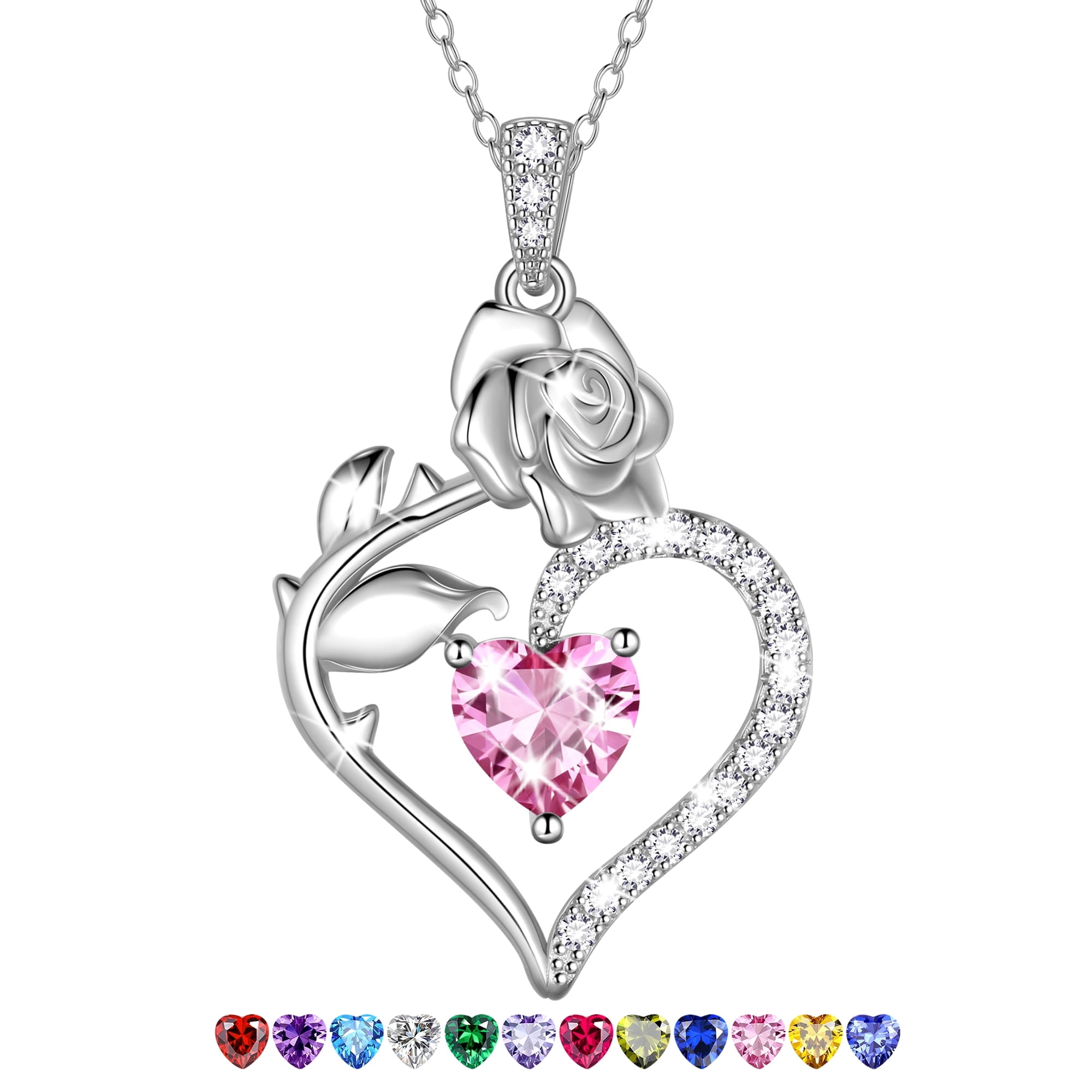 Beautlace 925 Sterling Silver Birthstone Necklace Rose Flower Heart Pendant Jewelry Christmas Valentines Mother's Day Gifts for Women Mom Wife/Lover