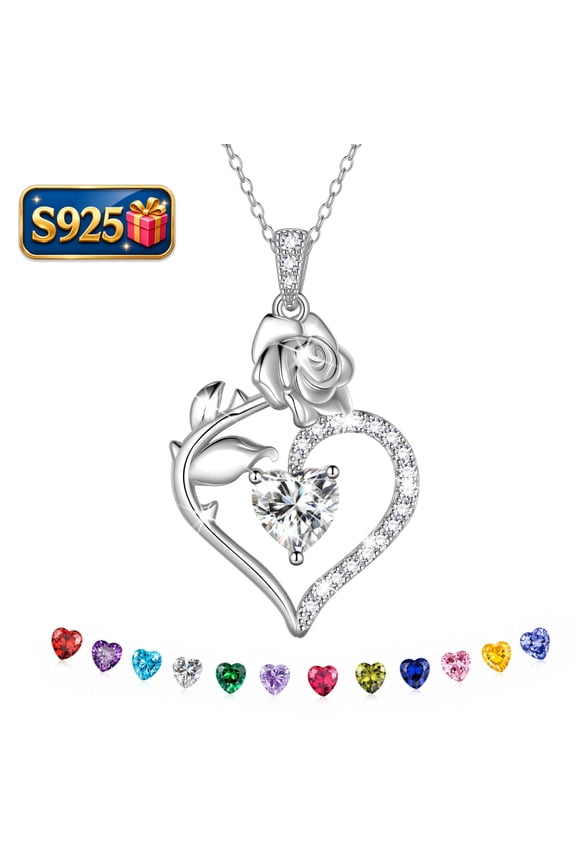 925 Sterling Silver Birthstone Necklace Rose Flower Heart Pendant Jewelry Christmas Valentines Mother's Day Gifts for Women Mom Wife/Lover