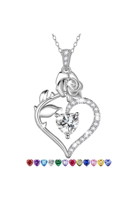 925 Sterling Silver Birthstone Necklace Rose Flower Heart Pendant Jewelry Christmas Valentines Mother's Day Gifts for Women Mom Wife/Lover