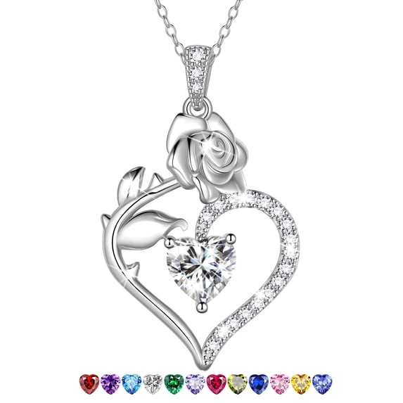 Beautlace 925 Sterling Silver Birthstone Necklace Rose Flower Heart Pendant Jewelry Christmas Valentines Mother's Day Gifts for Women Mom Wife/Lover