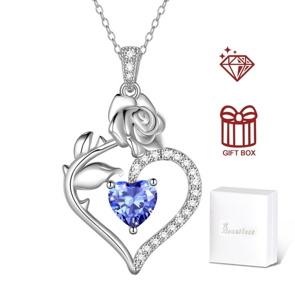 Beautlace 925 Sterling Silver Birthstone Necklace Rose Flower Heart Pendant Jewelry Christmas