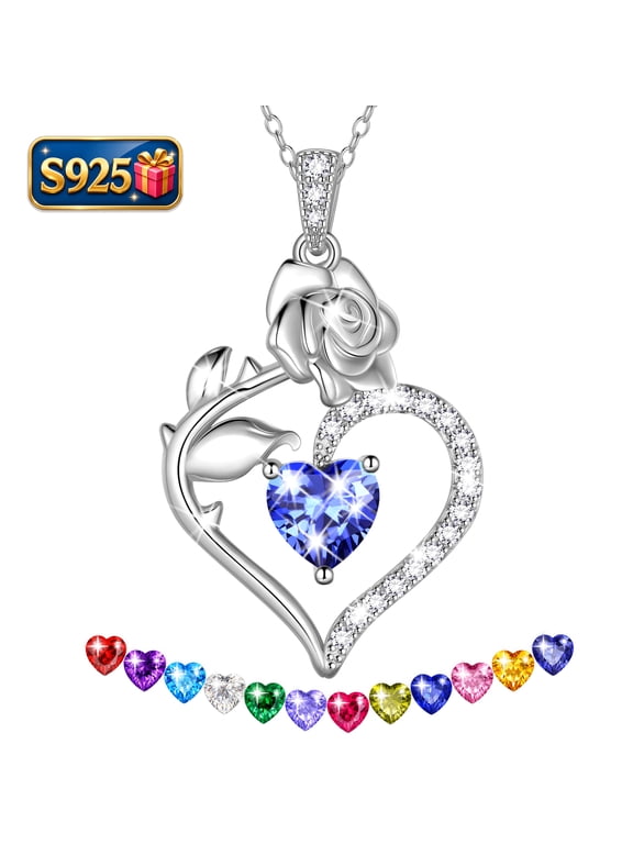 925 Sterling Silver Heart Necklace,Rose Flower Heart December Birthstone Pendant Jewelry Christmas Valentines Mother's Day Gifts for Women Mom Wife/Lover