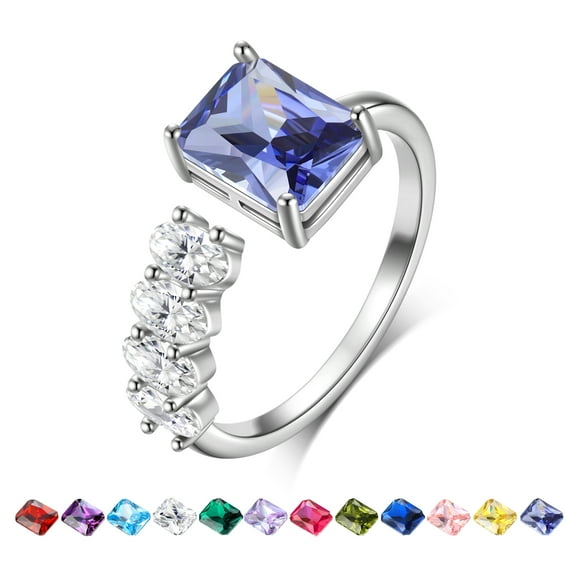 Beautlace 925 Sterling Silver Birthstone Ring,Adjustable Square Zirconia Band Ring Jewelry Gifts for Women