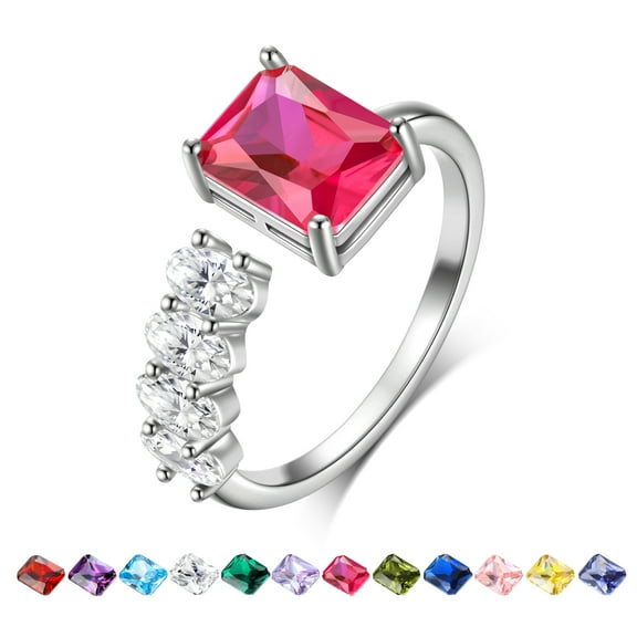 Beautlace 925 Sterling Silver Birthstone Ring,Adjustable Square Zirconia Band Ring Jewelry Gifts for Women