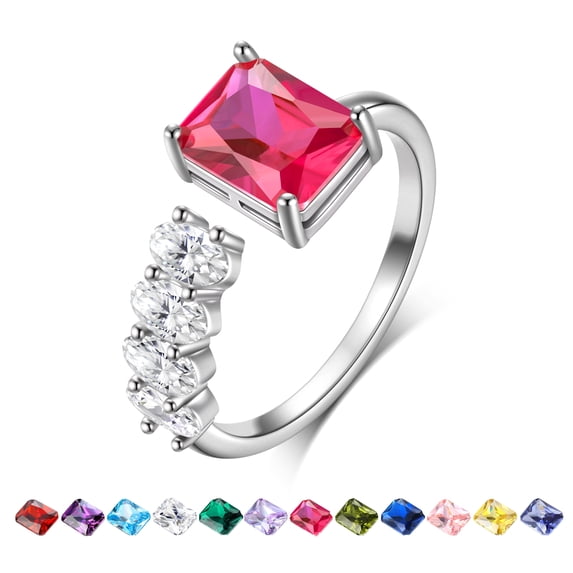 Beautlace 925 Sterling Silver Birthstone Ring,Adjustable Square Zirconia Band Ring Jewelry Gifts for Women