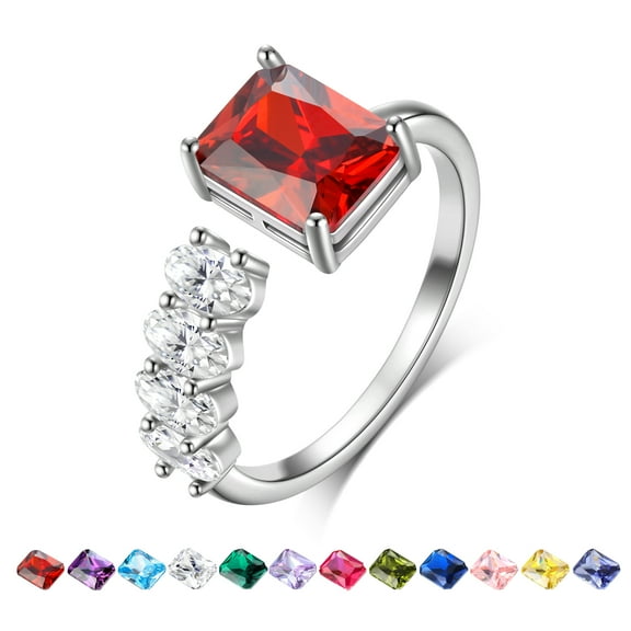 Beautlace 925 Sterling Silver Birthstone Ring,Adjustable Square Zirconia Band Ring Jewelry Gifts for Women