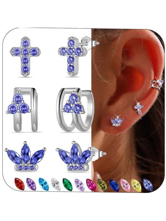 925 Sterling Silver Cross Birthstone Earrings Set for Women,3-Pair Set with Flower Studs and Ear Cuffs Jewelry Set Birthday Christmas Anniversary Gift for Her