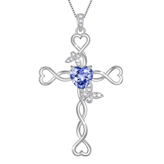 Beautlace 925 Sterling Silver Cross December Tanzanite Heart Birthstone Necklace,Butterfly Pendant Necklace Jewelry Birthday Christmas Gifts for Women/ Wife /Lover