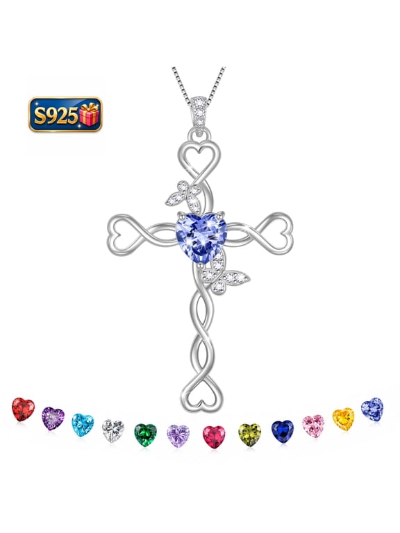 925 Sterling Silver Cross December Tanzanite Heart Birthstone Necklace,Butterfly Pendant Necklace Jewelry Birthday Christmas Birthday Gifts for Women/ Wife /Lover