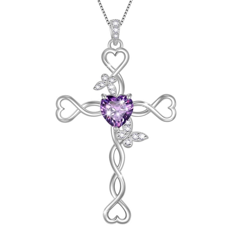 Beautlace 925 Sterling Silver Cross February Amethyst Heart Birthstone Necklace,Butterfly Pendant Necklace Jewelry Birthday Christmas Gifts for Women/ Wife /Lover