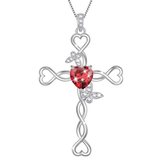 Beautlace 925 Sterling Silver Cross January Garnet Heart Birthstone Necklace,Butterfly Pendant Necklace Jewelry Birthday Christmas Gifts for Women/ Wife /Lover