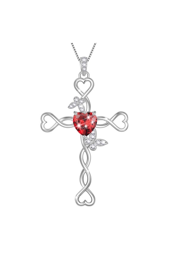 925 Sterling Silver Cross January Garnet Heart Birthstone Necklace,Butterfly Pendant Necklace Jewelry Birthday Christmas Gifts for Women/ Wife /Lover